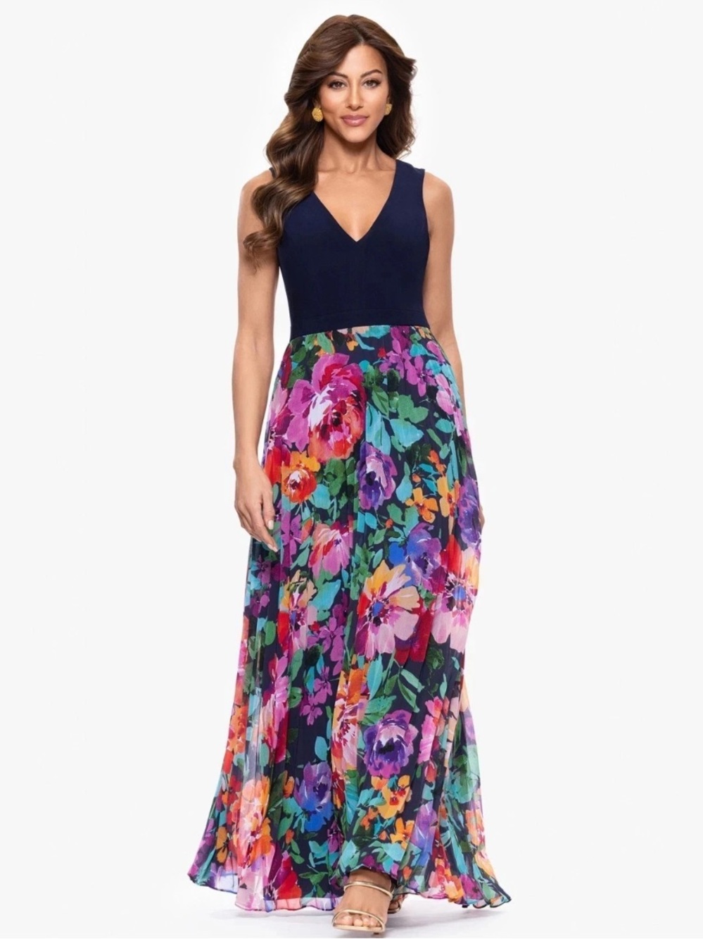 X by XSCAPE Floral Watercolor  V-Neck Gown Navy size 6 NWT